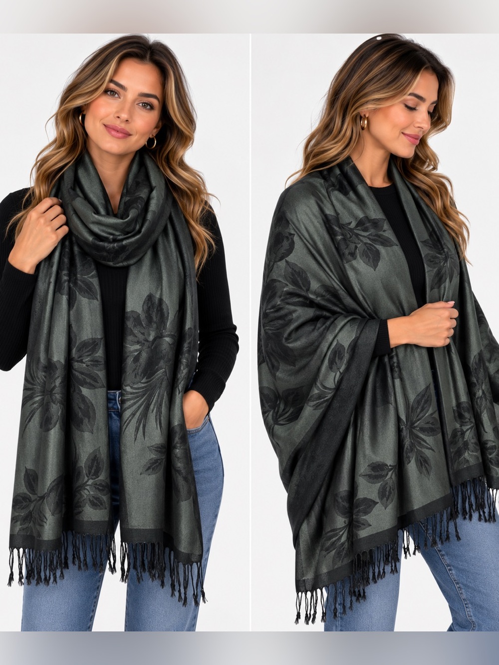 Elegant Dark Green Floral Shawl Scarf with Fringe